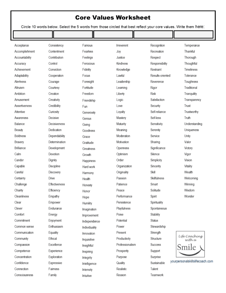 Core Values Worksheet Including 221 Wonderful Core Value Words Life