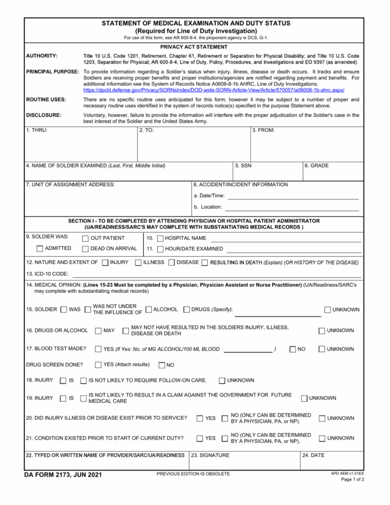 DA Form 2173 Download Fillable PDF Or Fill Online Statement Of Medical 