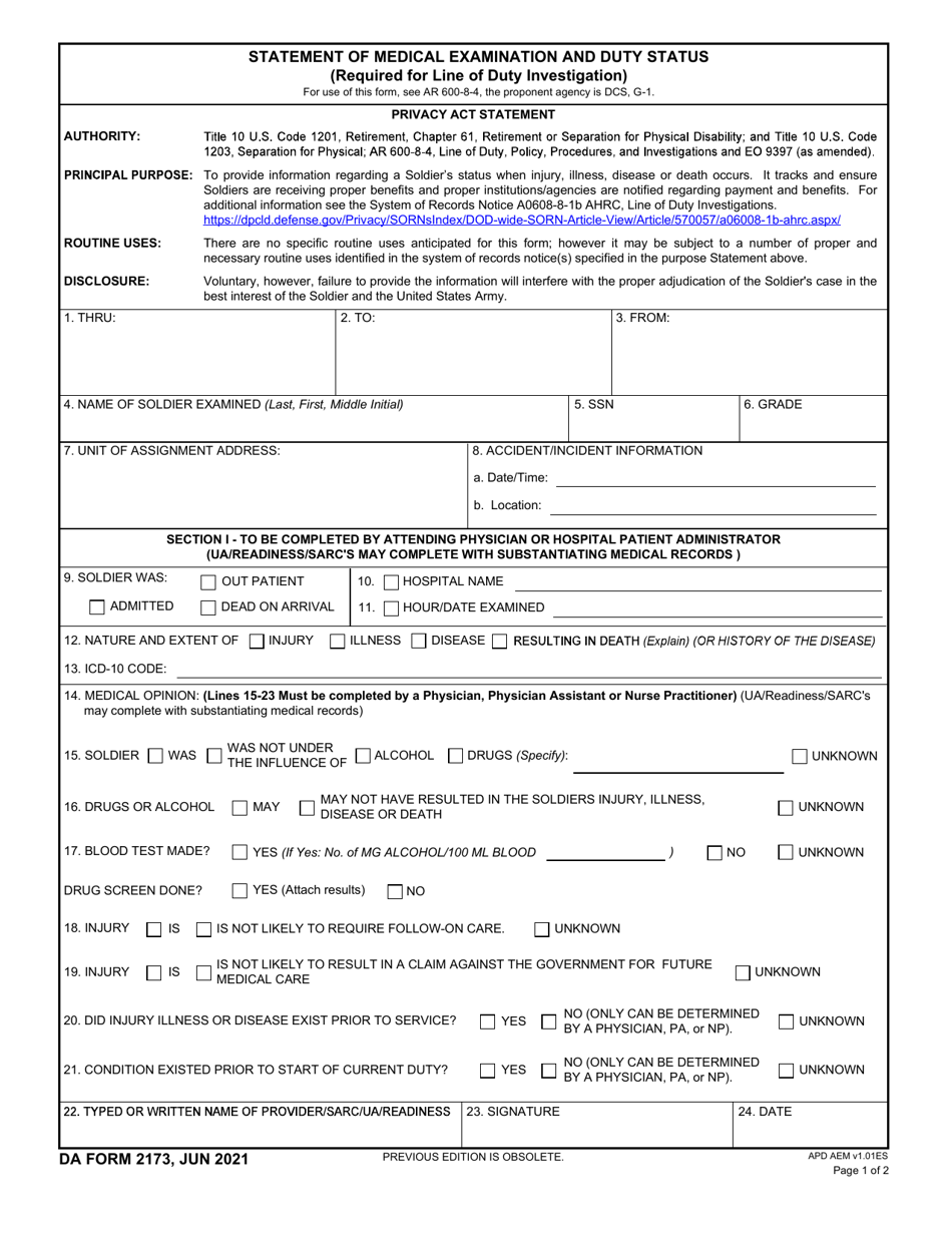 DA Form 2173 Download Fillable PDF Or Fill Online Statement Of Medical