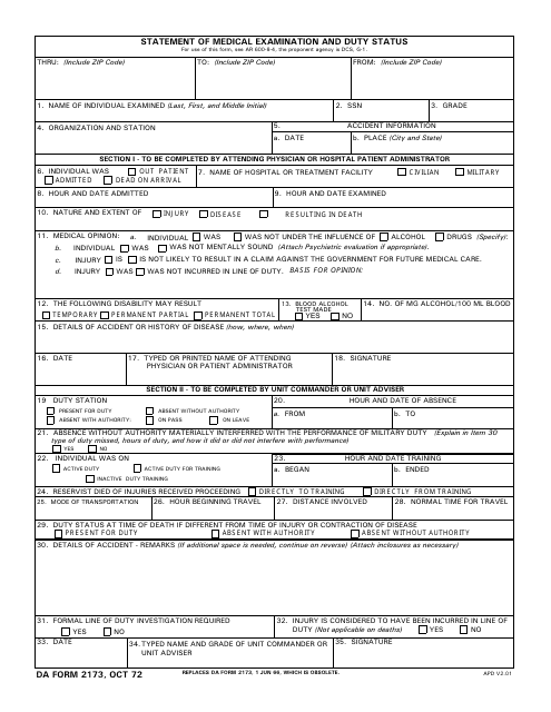 DA Form 2173 Download Printable PDF Statement Of Medical Examination DA Form 2173 Download Printable PDF Statement Of Medical Examination