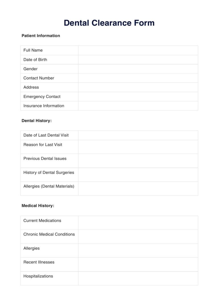 Dental Medical Clearance Form Example Free PDF Download