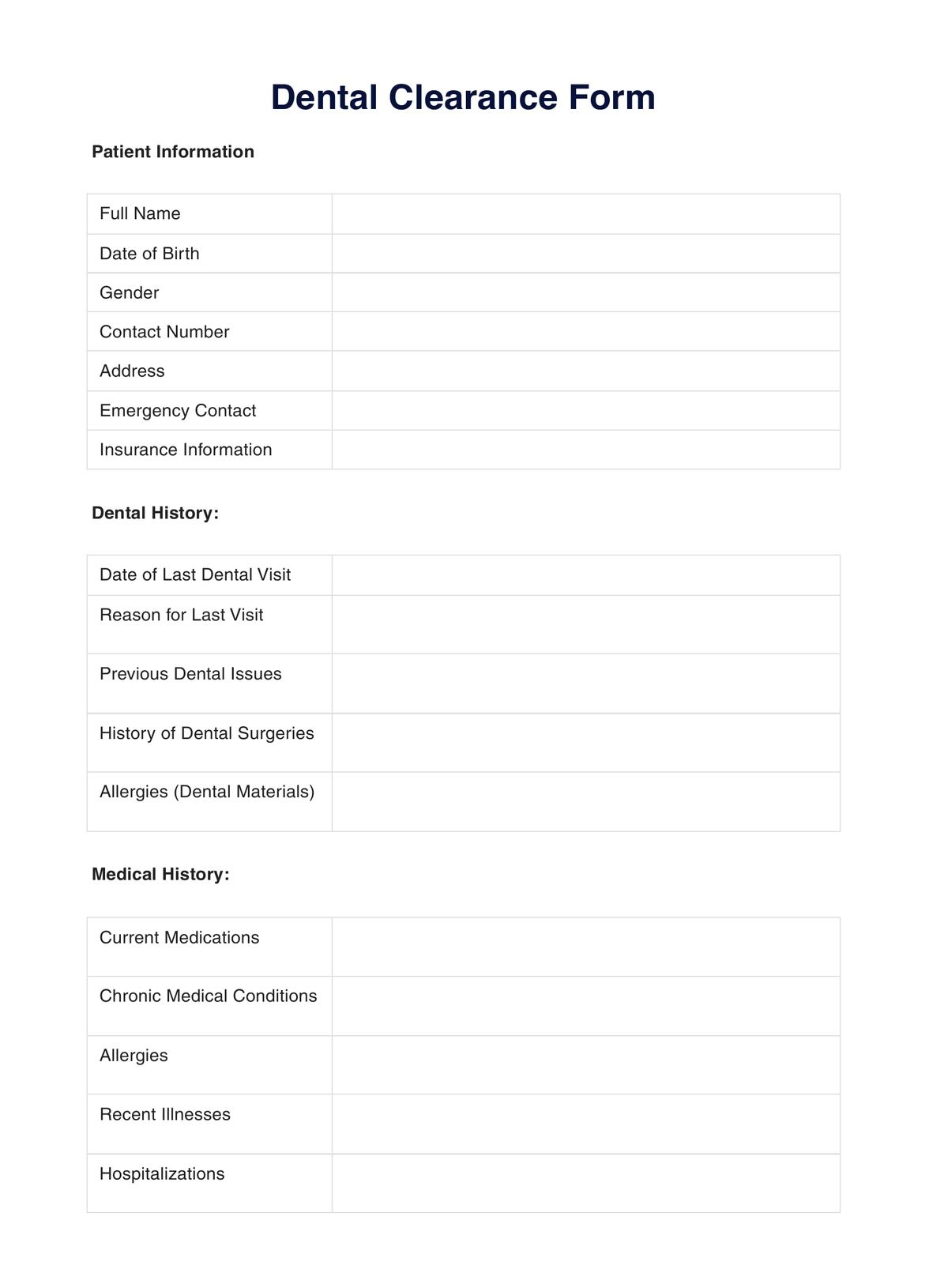 Dental Medical Clearance Form Example Free PDF Download