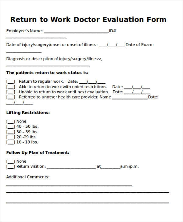 Doctor Printable Return To Work Form