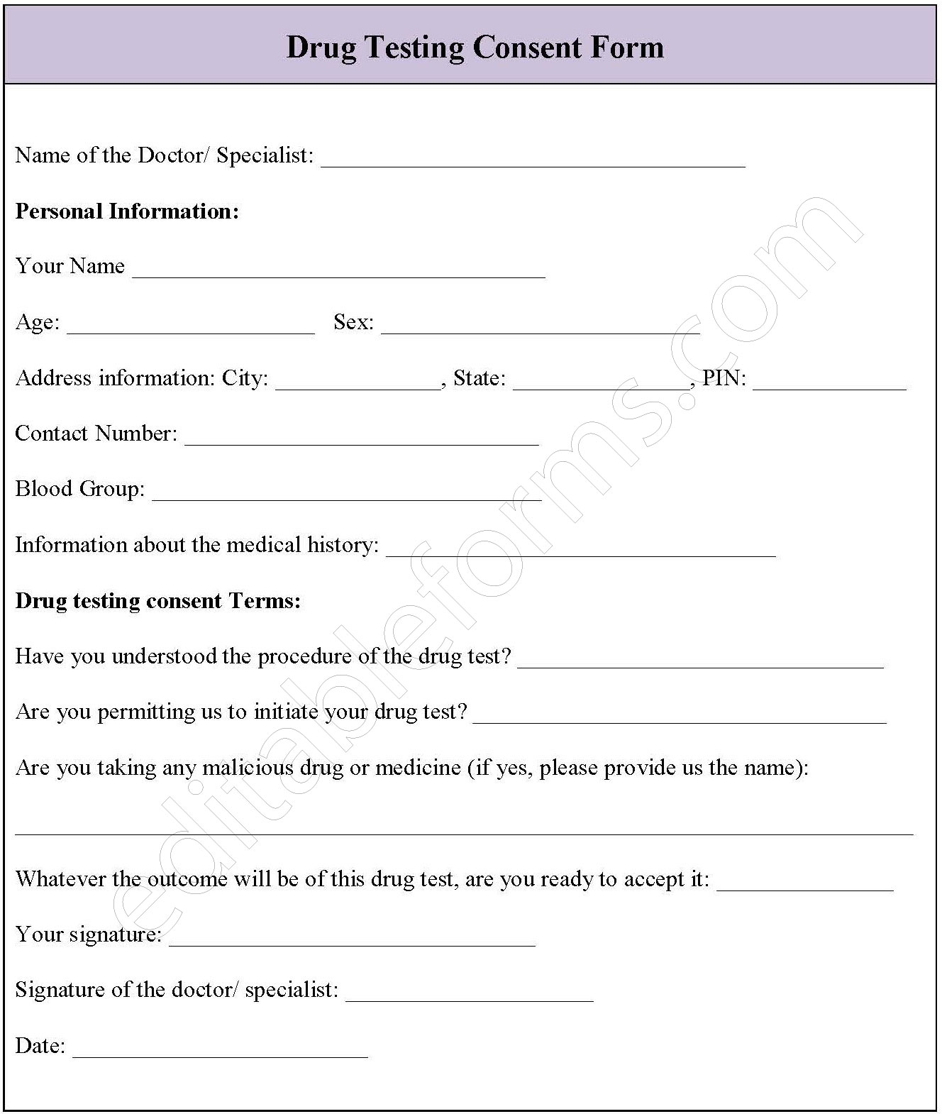 Drug Testing Consent Form Editable PDF Forms