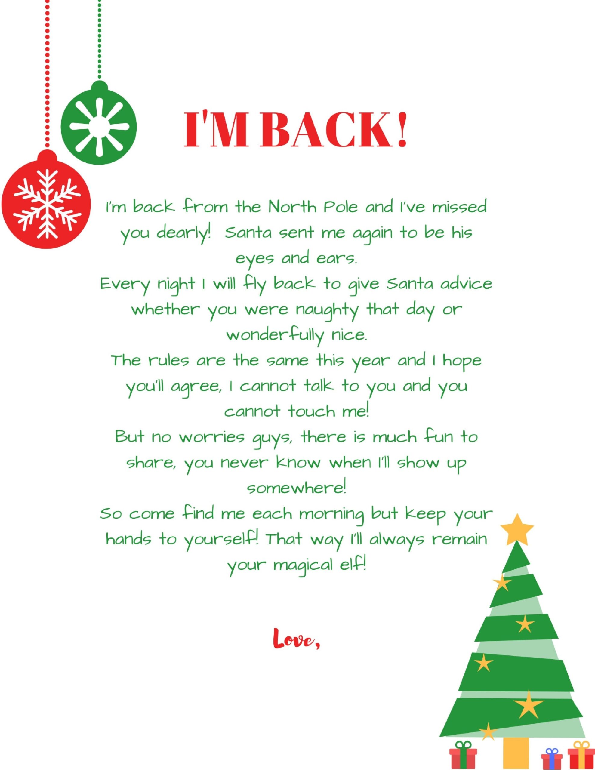 Elf I 39 m Back Letter Free Printable