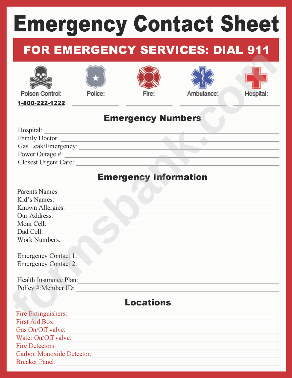 Emergency Contact Sheet Printable Pdf Download