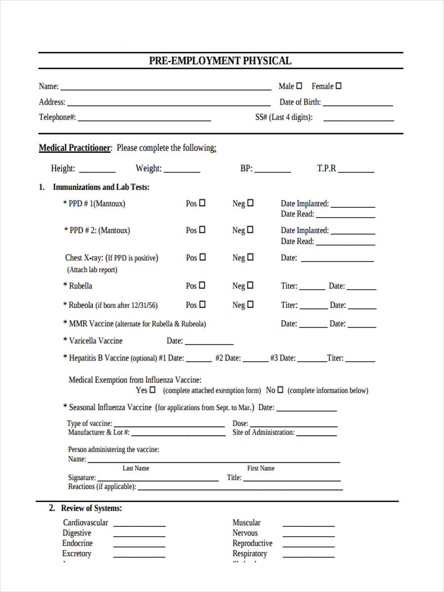 Employment Printable Blank Physical Form Employment Printable Blank Physical Form