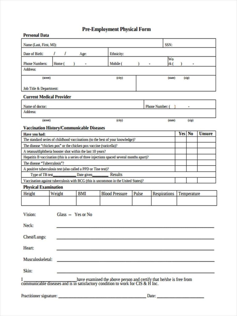 Employment Printable Blank Physical Form