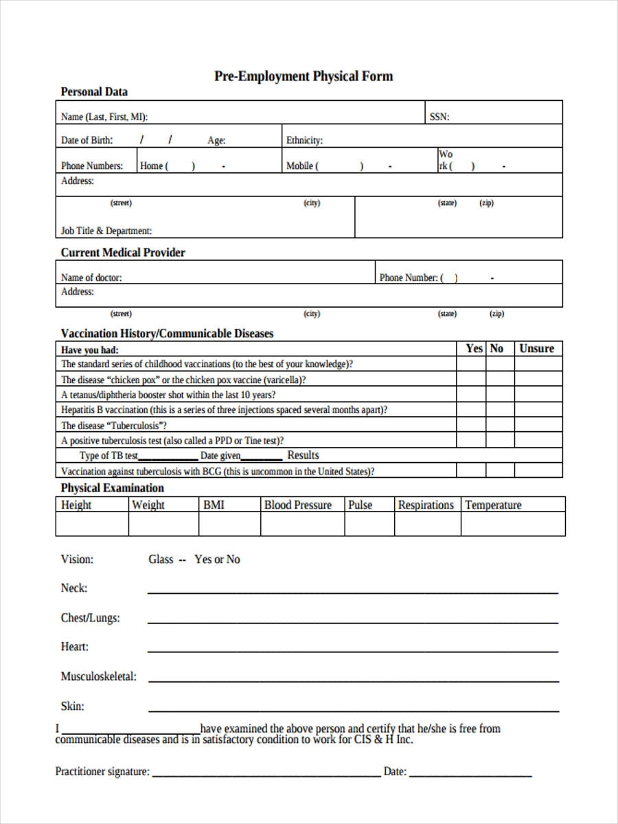 Employment Printable Blank Physical Form