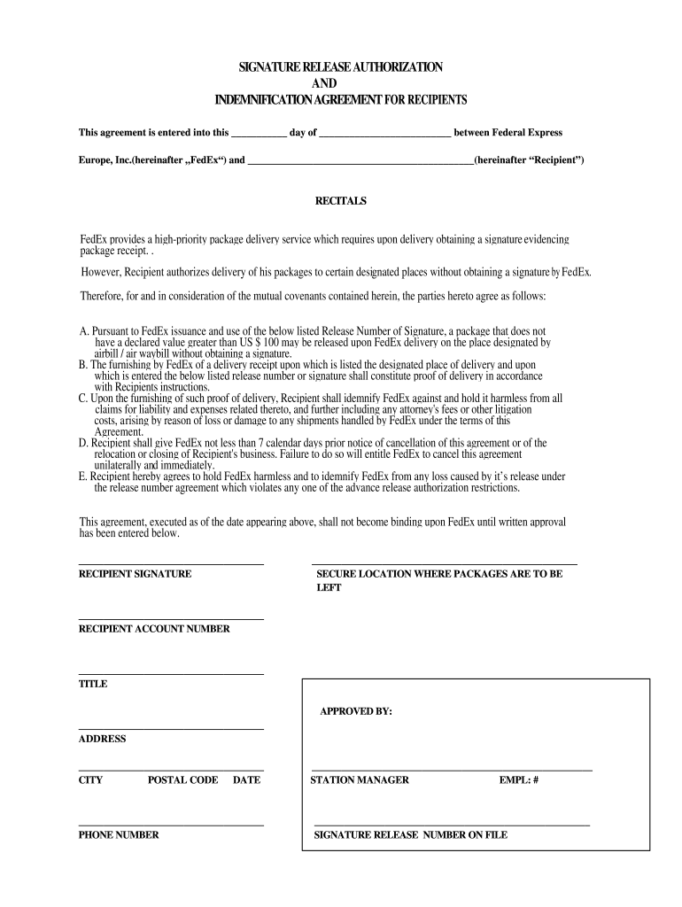 Fedex Signature Release Form Fill And Sign Printable Template Online 