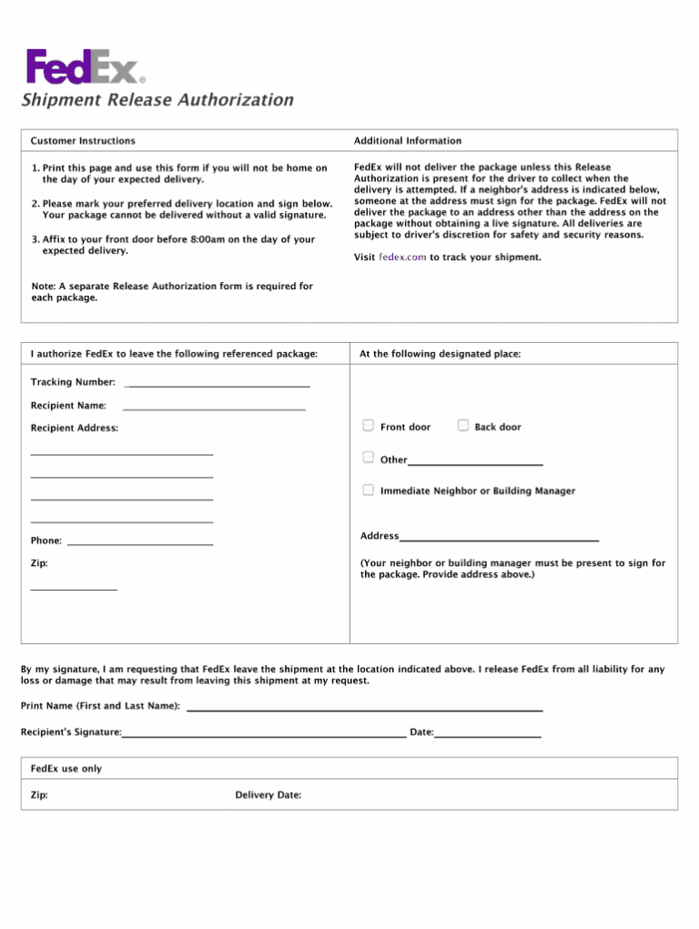 Fedex Signature Release Form Fill Online Printable Fillable Blank 