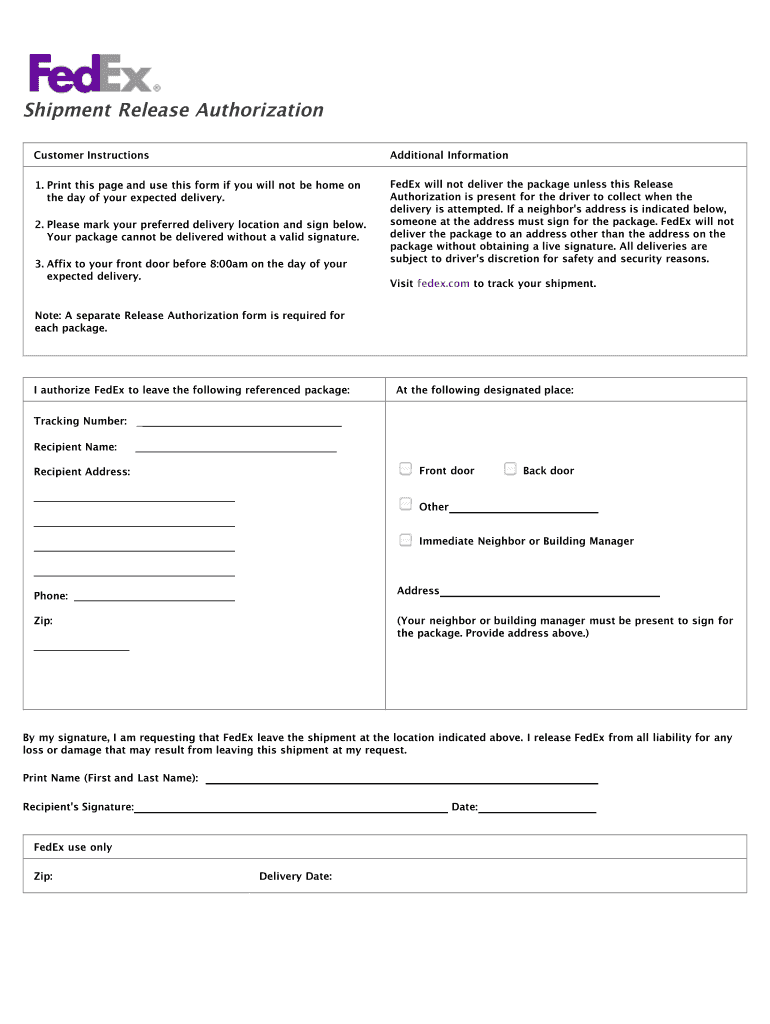 Fedex Signature Release Form Fill Online Printable Fillable Blank