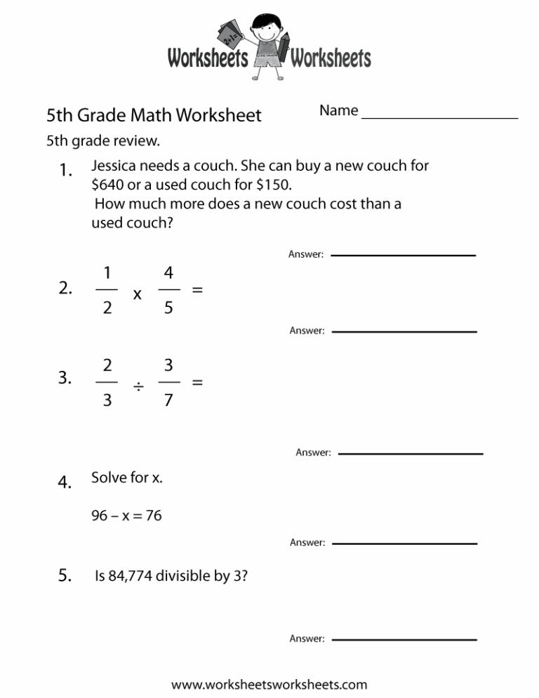 Fifth Grade Math Practice Worksheet Worksheets Worksheets