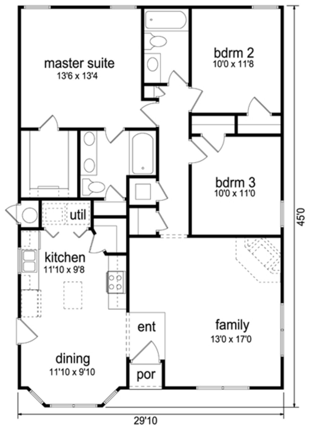 Floor Plan For 3 Bedroom 2 Bath House House Plans