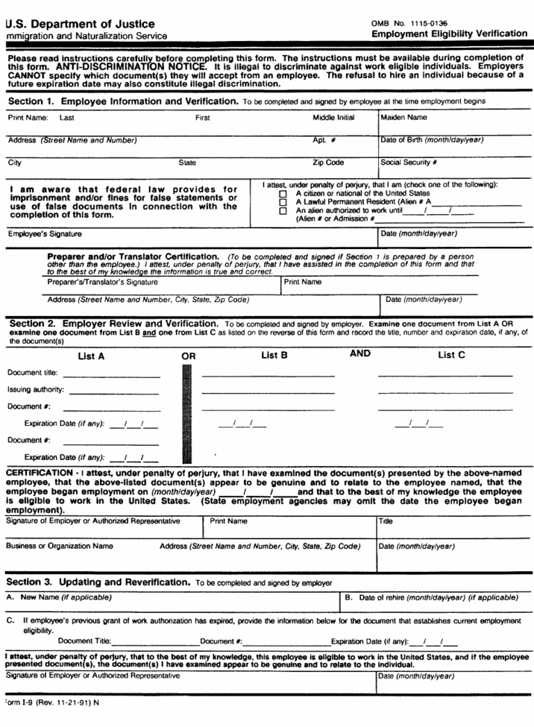 Form I 9 Employment Eligibility Verification Fillable Printable Forms 