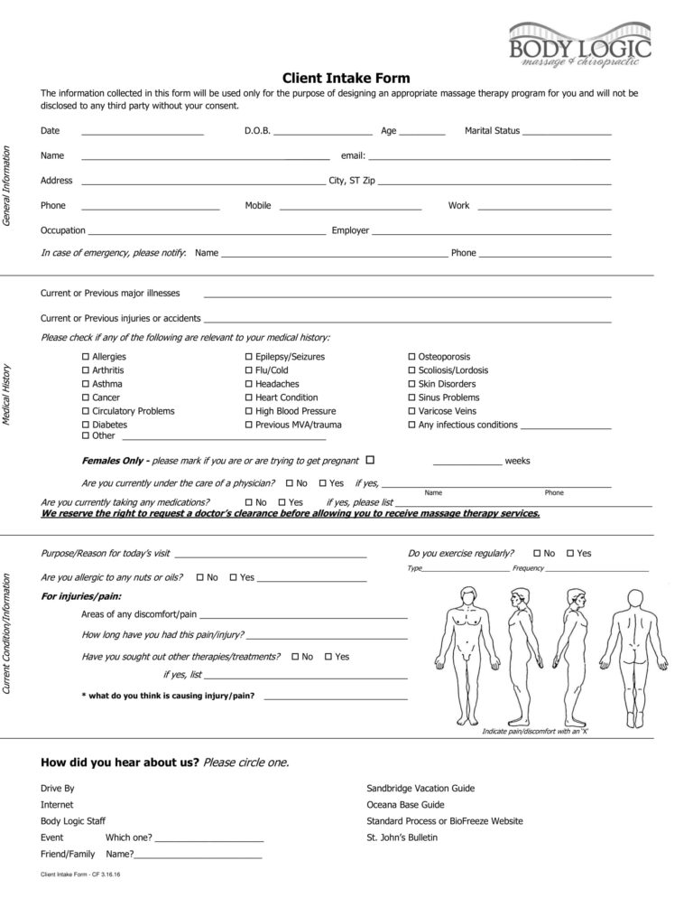 FREE 10 Massage Intake Form Samples PDF MS Word Google Docs