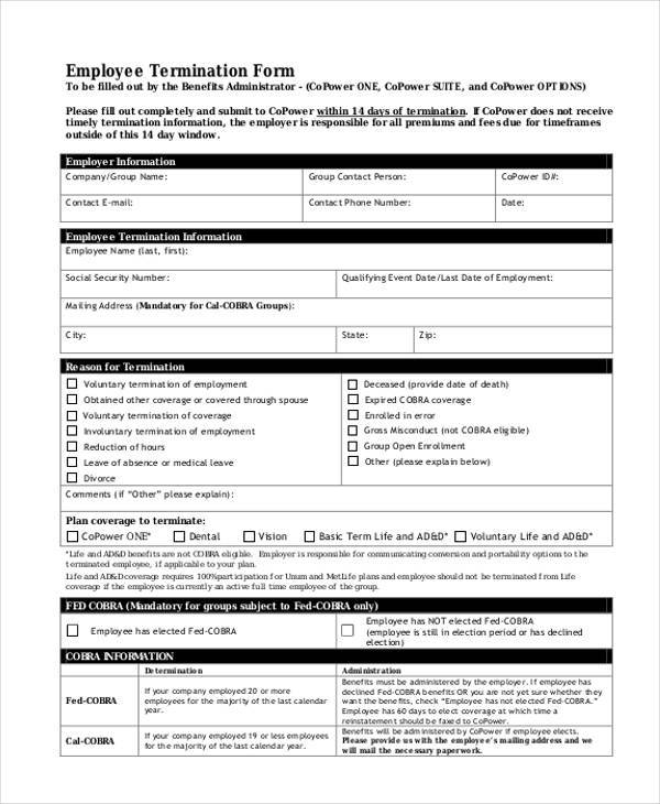 FREE 12 Employee Termination Form Samples PDF MS Word Google Docs