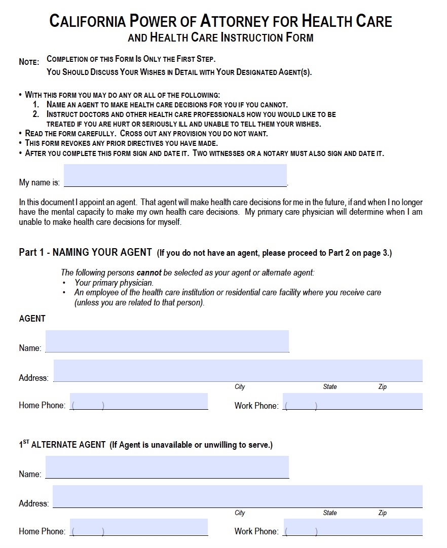Free Blank Printable Medical Power Of Attorney Forms California Free Blank Printable Medical Power Of Attorney Forms California
