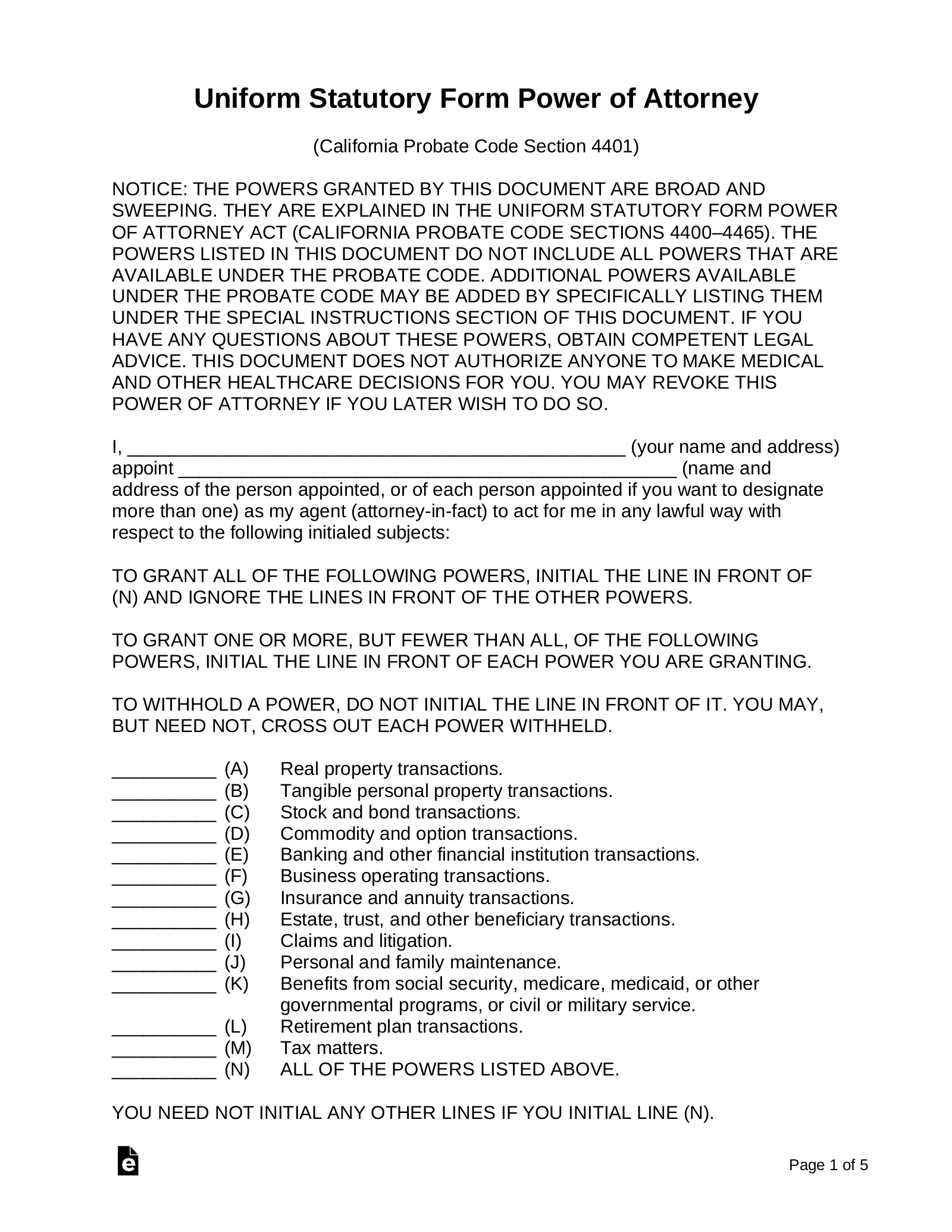 Free California Durable Statutory Power Of Attorney Form PDF Word Free California Durable Statutory Power Of Attorney Form PDF Word