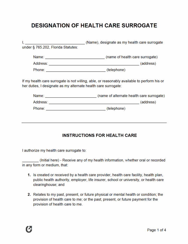 Free Florida Designation Of Health Care Surrogate Form PDF WORD RTF