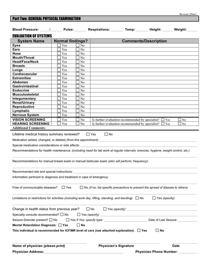 Free Printable Annual Physical Exam Form Printable Forms Free Online