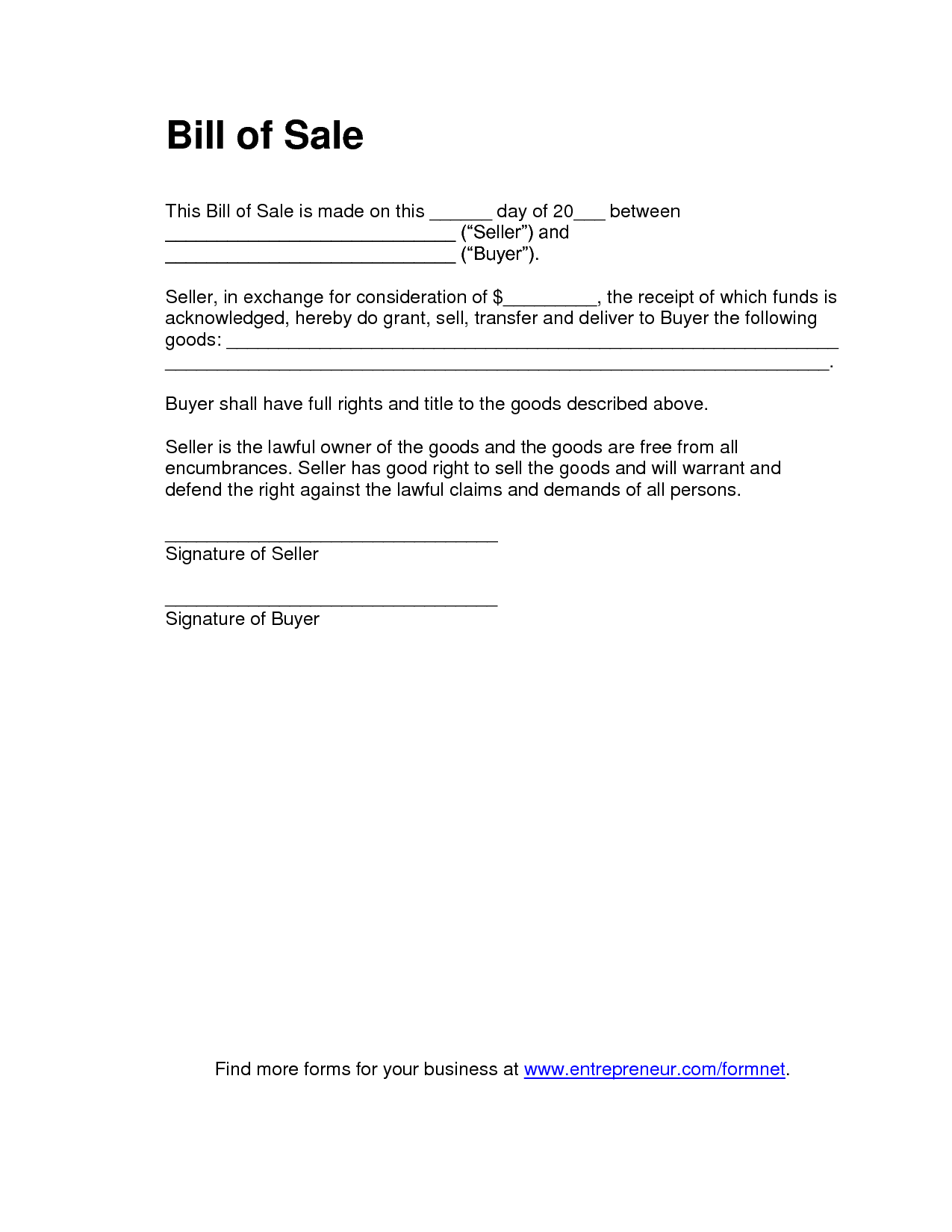 Free Printable Bill Of Sale Templates Form GENERIC 