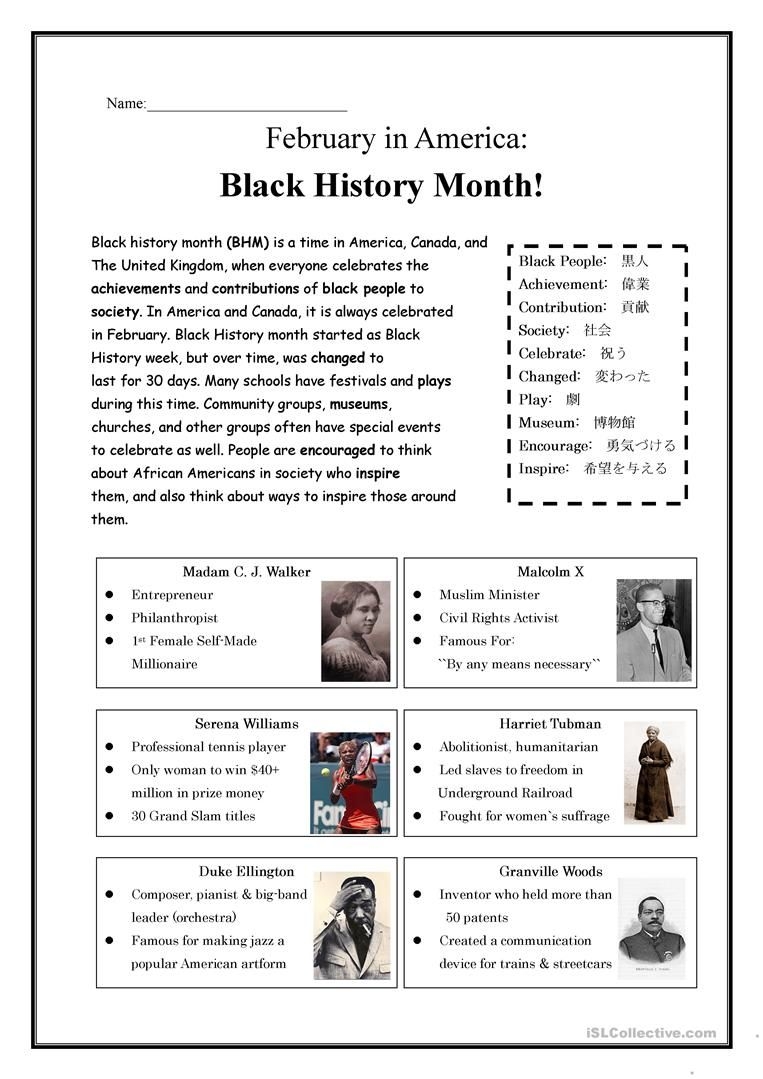 Free Printable Black History Month Worksheets For Kindergarten 