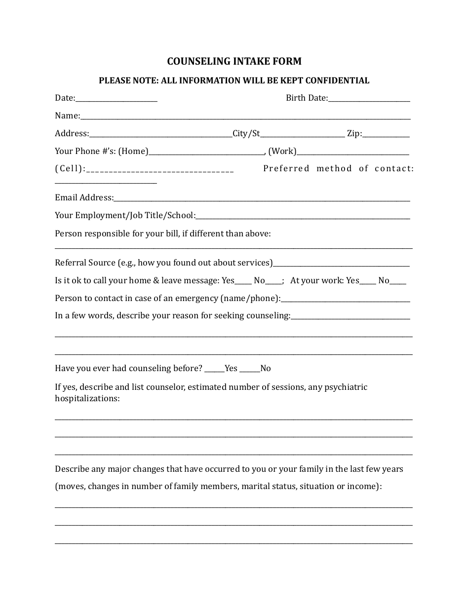 Free Printable Counseling Intake Forms