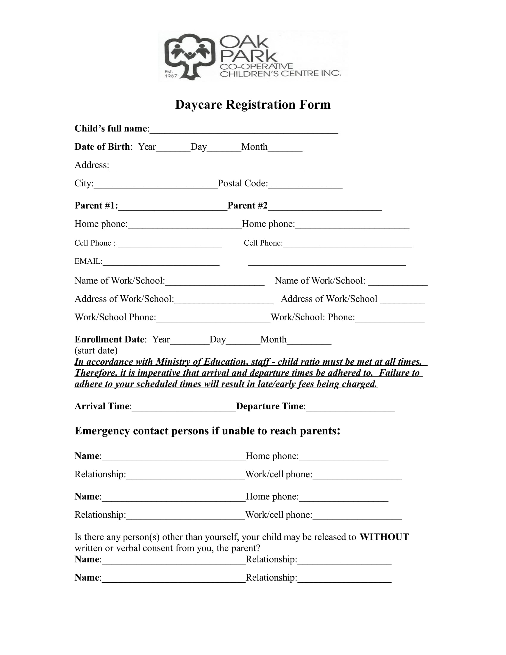 Free Printable Daycare Registration Forms Printable Forms Free Online