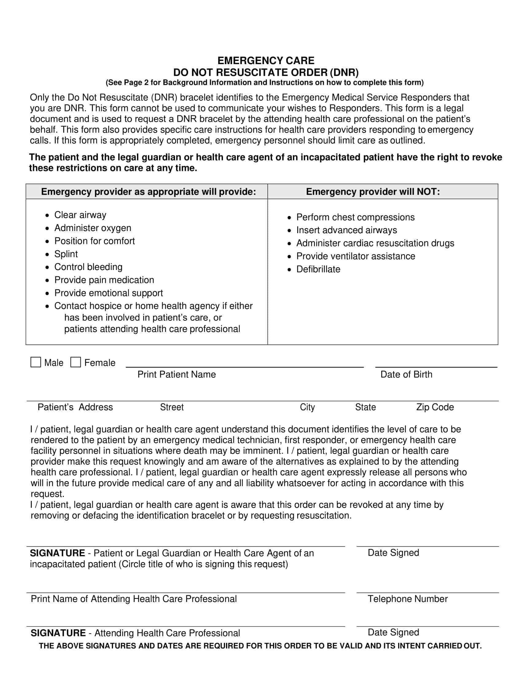 Free Printable Do Not Resuscitate DNR Order Form PDF Word 