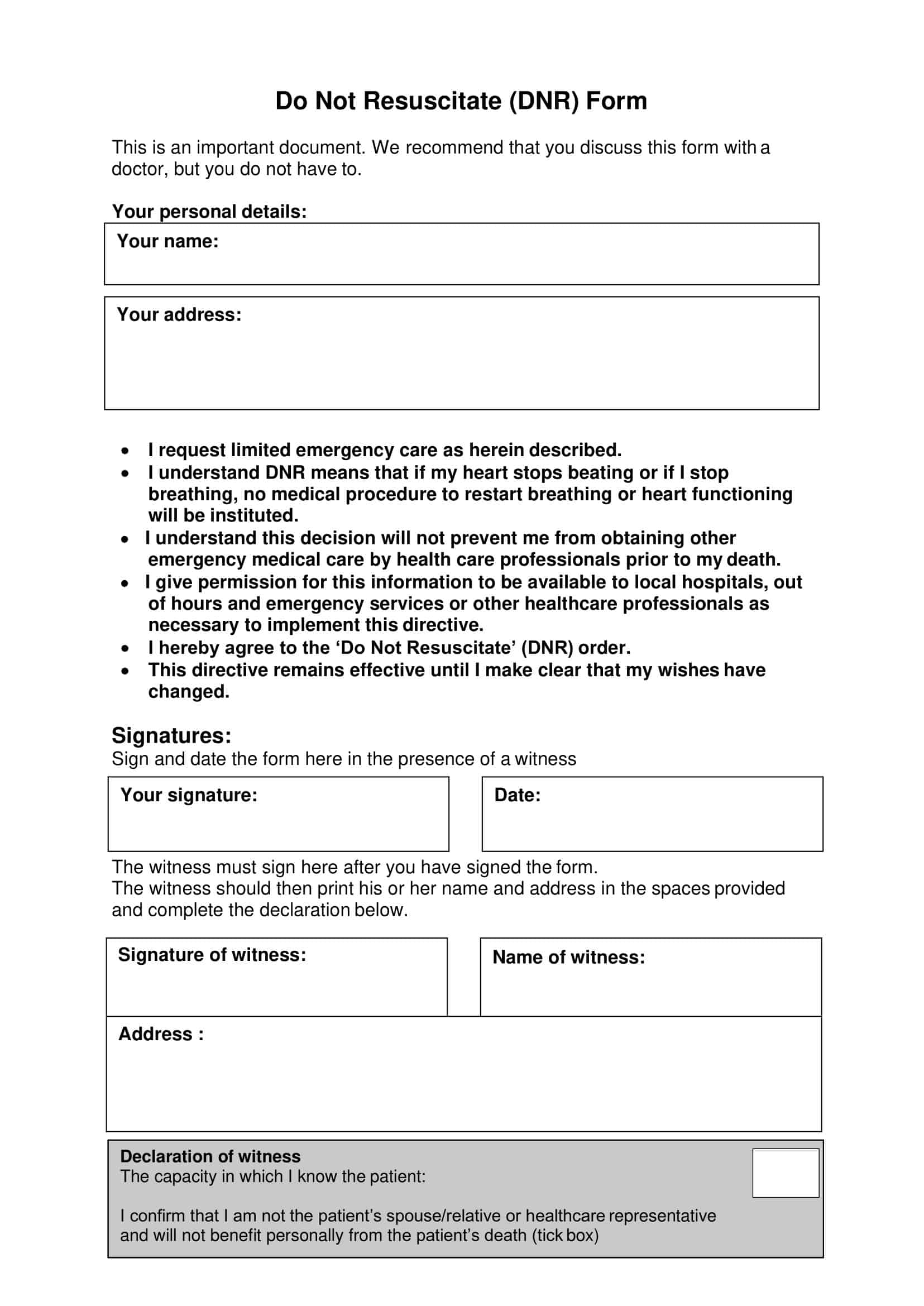 Free Printable Do Not Resuscitate DNR Order Form PDF Word 