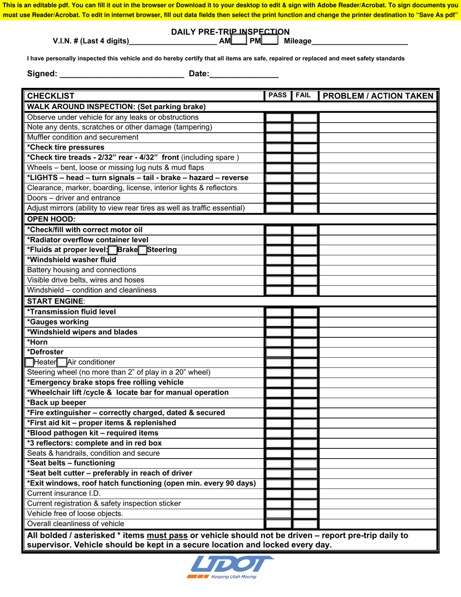 Free Printable Dot Pre Trip Inspection Form