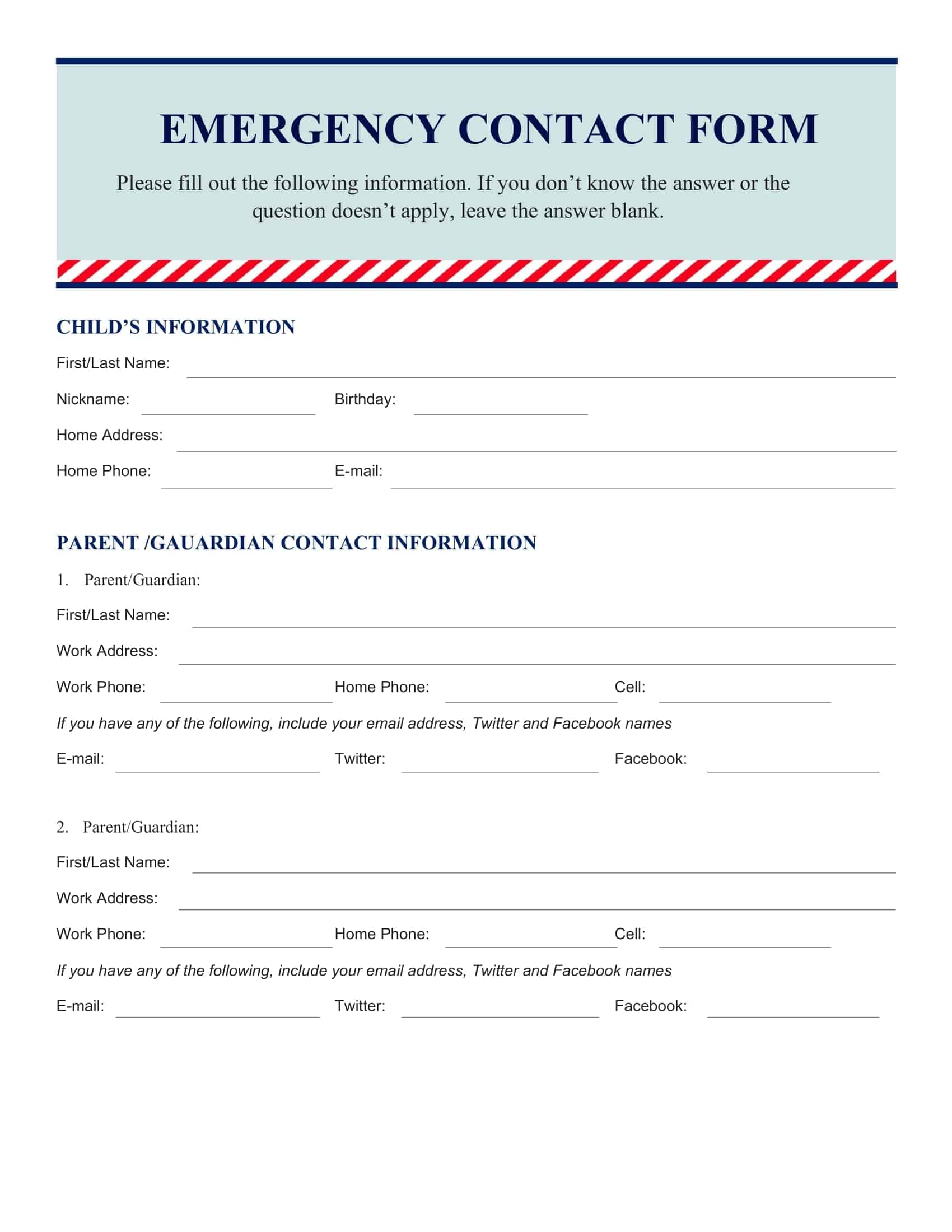 Free Printable Emergency Contact Form Templates for Employees PDF Word
