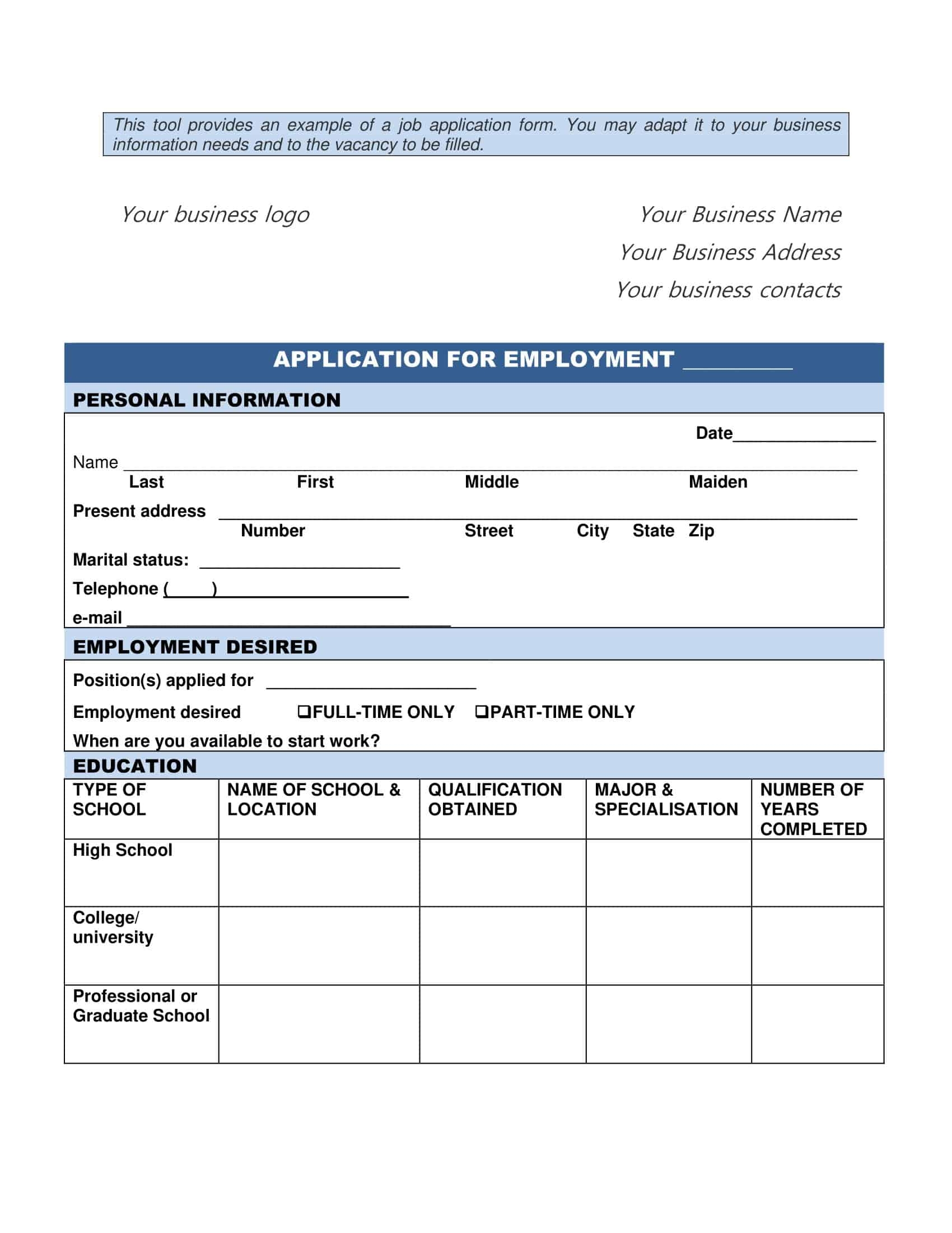 Free Printable Employment Job Application Form Templates PDF