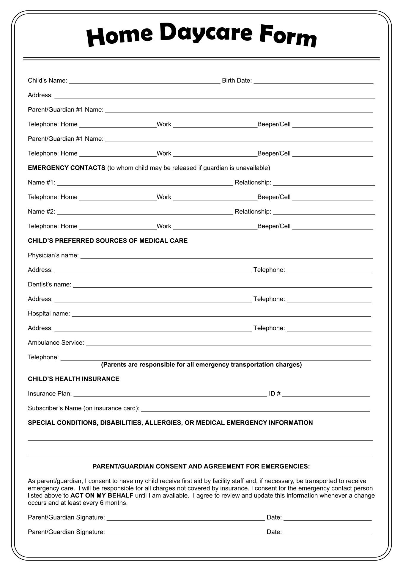 Free Printable Home Daycare Forms