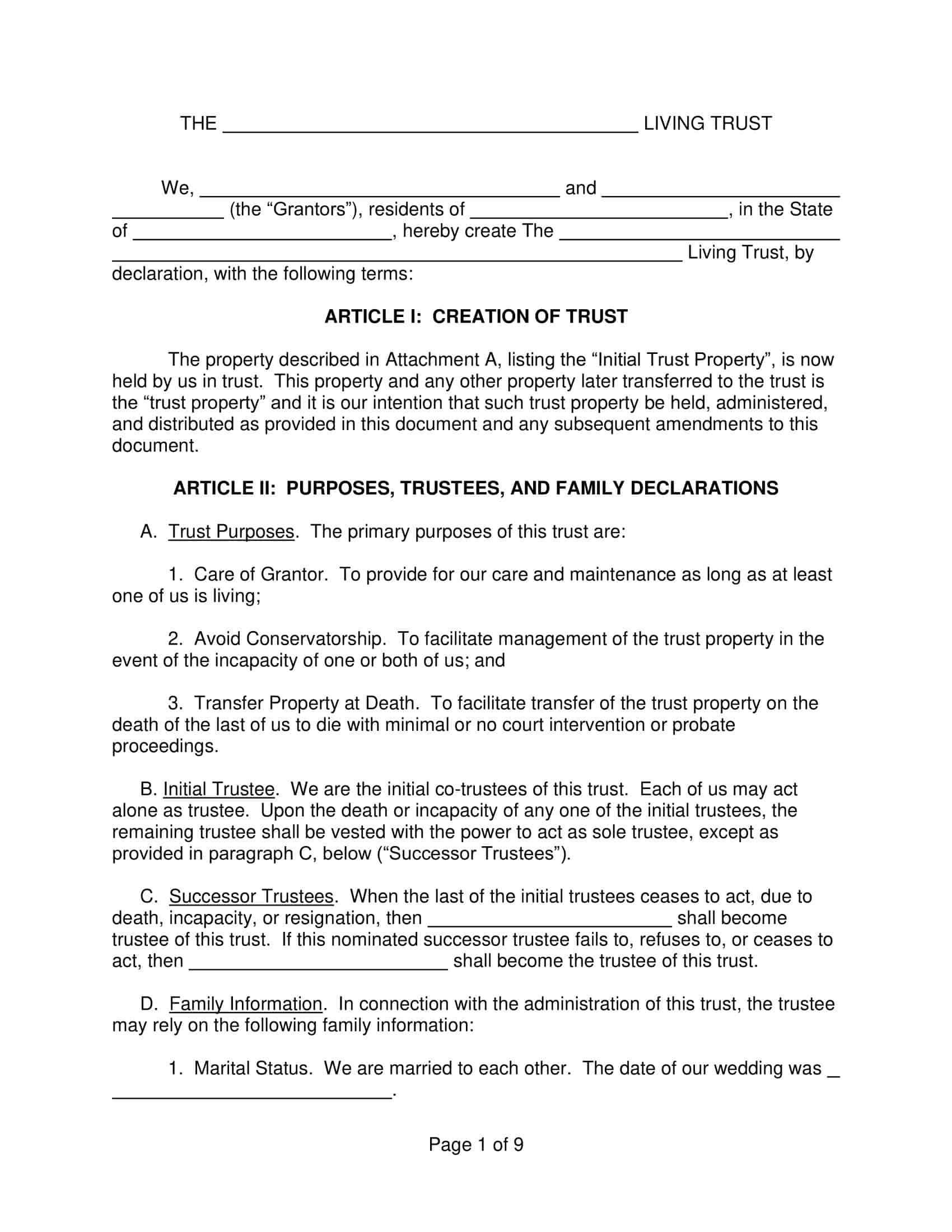 Free Printable Living Trust Templates PDF Irrevocable