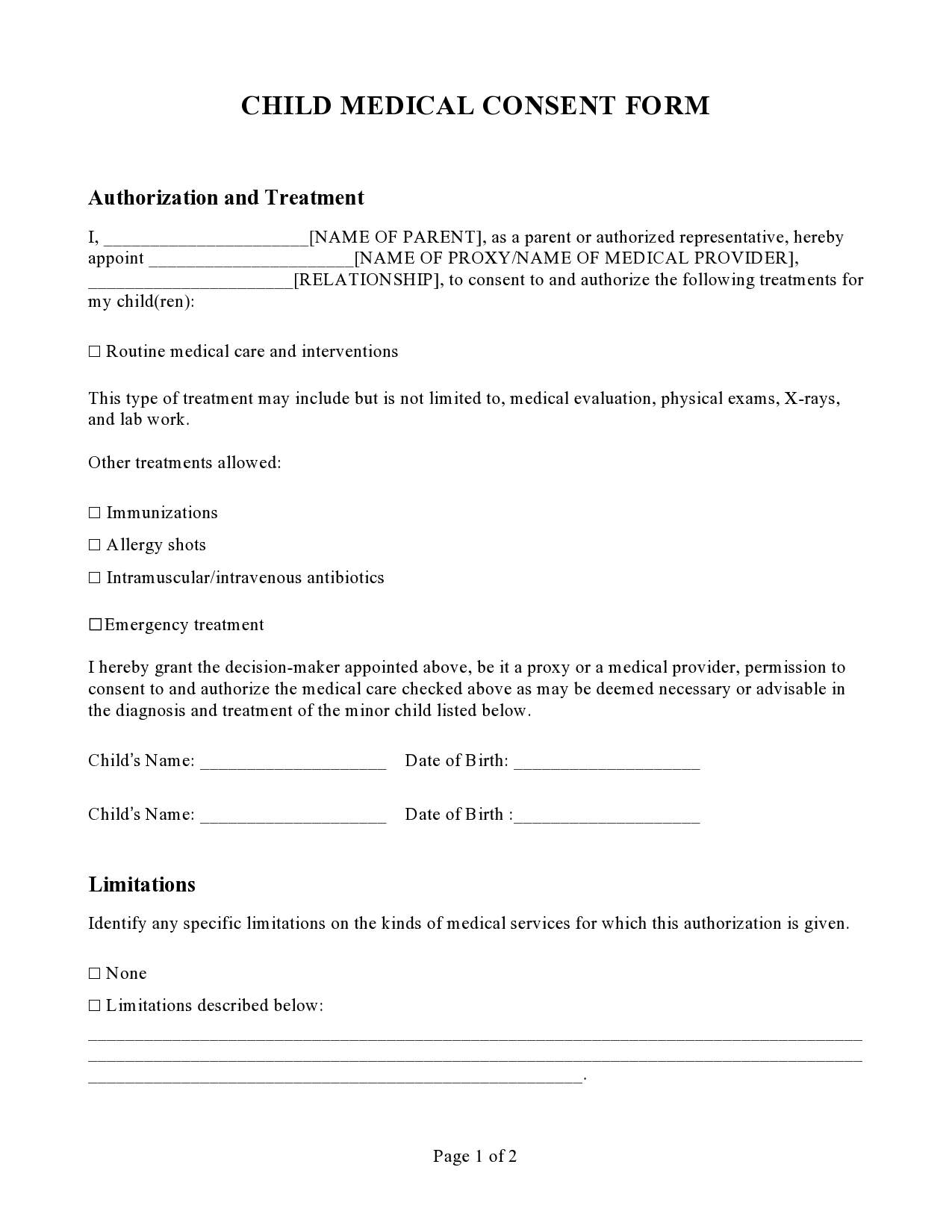 Free Printable Medical Consent Form For Minor Prntbl 