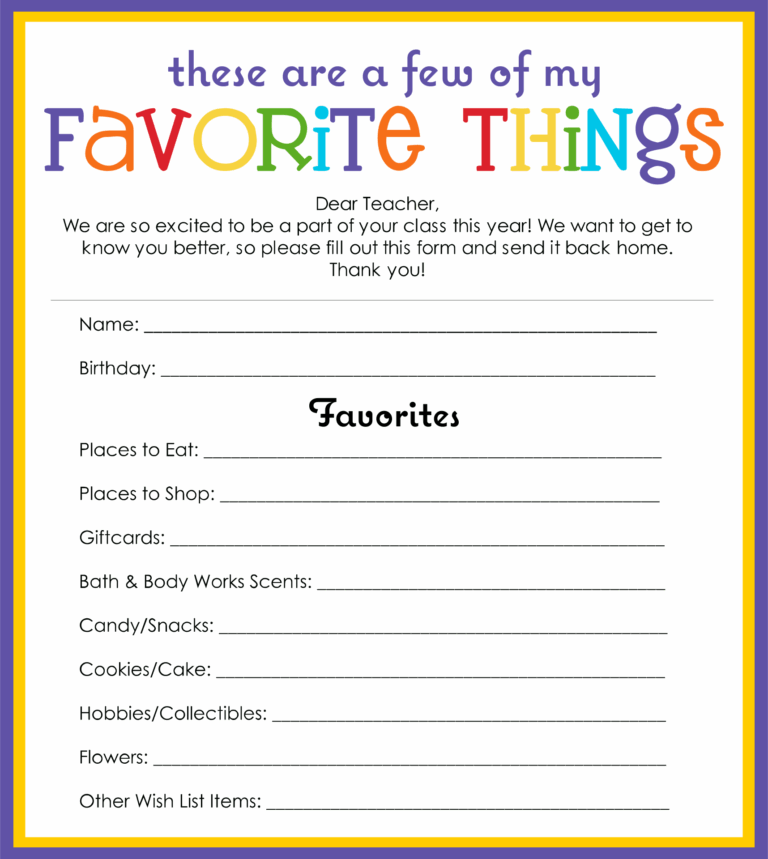 Free Printable My Favorite Things Worksheet