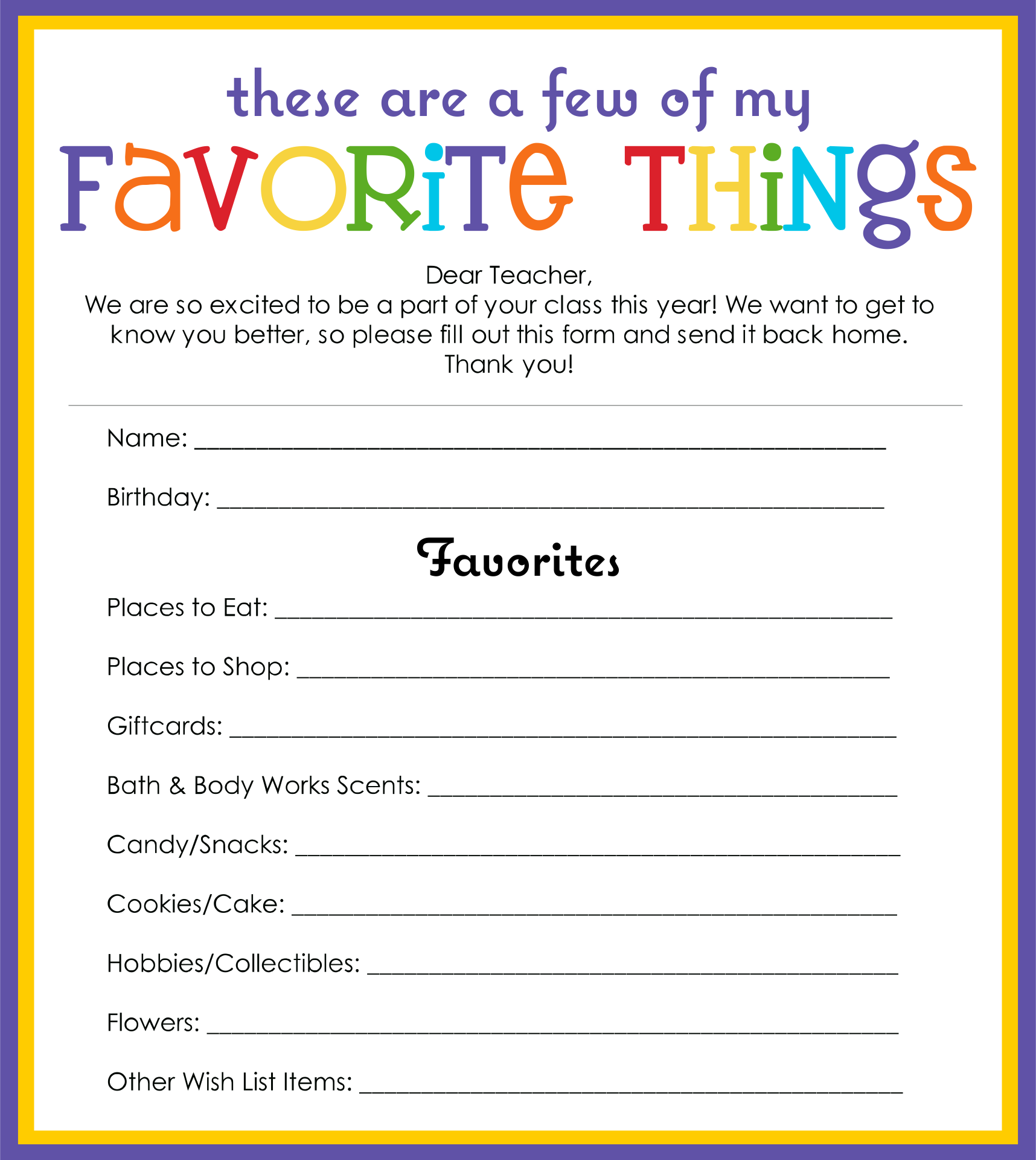 Free Printable My Favorite Things Worksheet