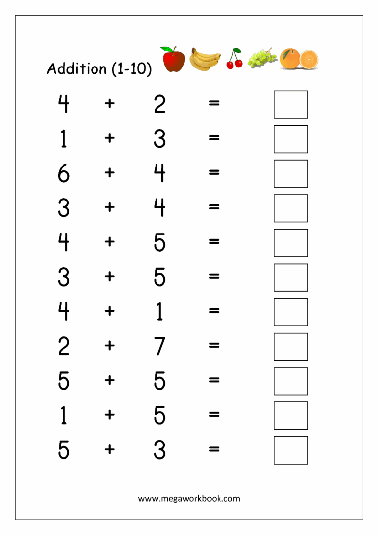 Free Printable Number Addition Worksheets 1 10 For Kindergarten And 