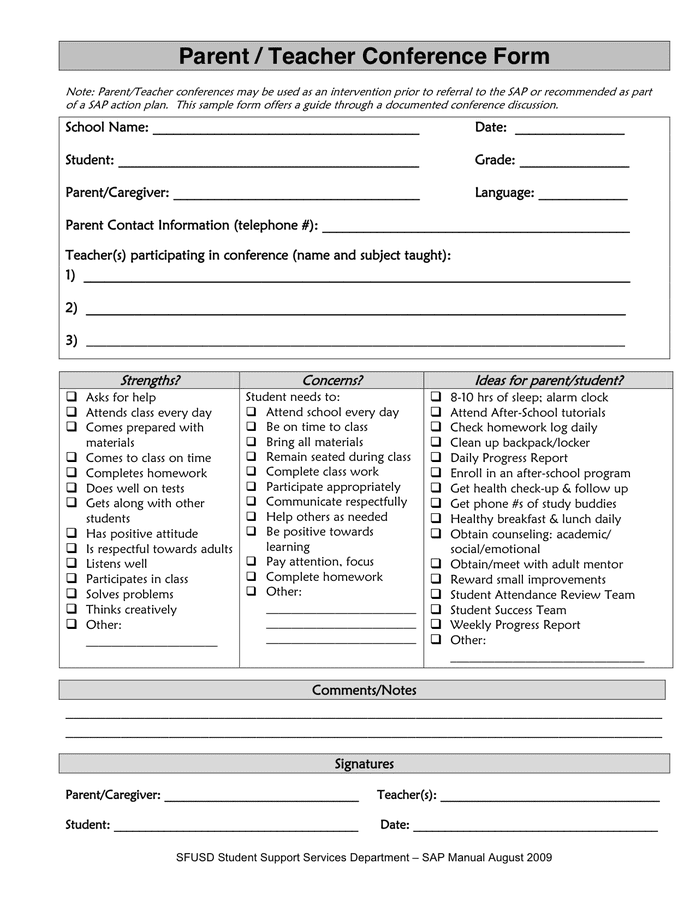 Free Printable Parent Teacher Conference Forms Printable Templates