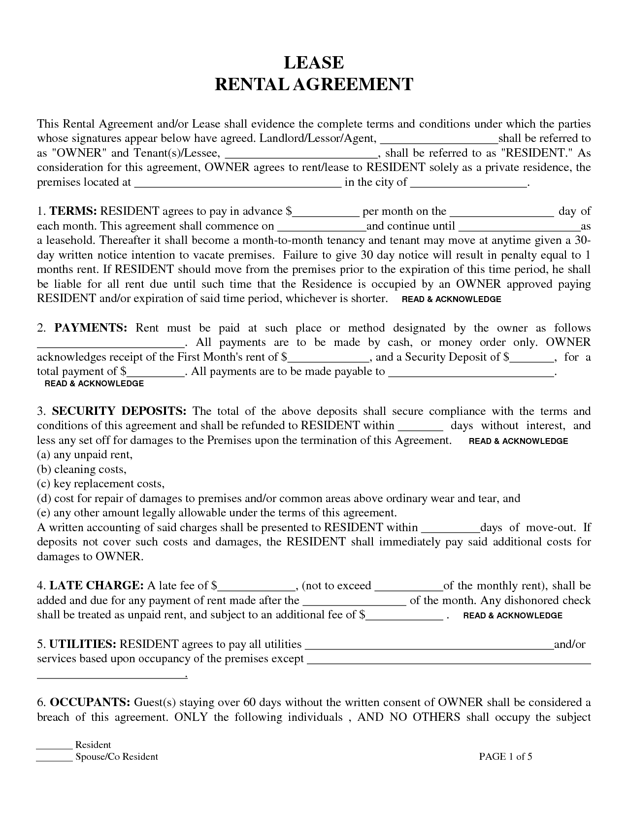 Free Printable Residential Lease Form GENERIC