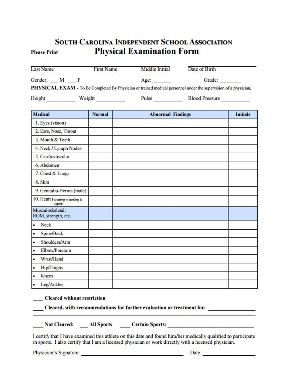 Free Printable Sports Physical Form Printable Forms Free Online