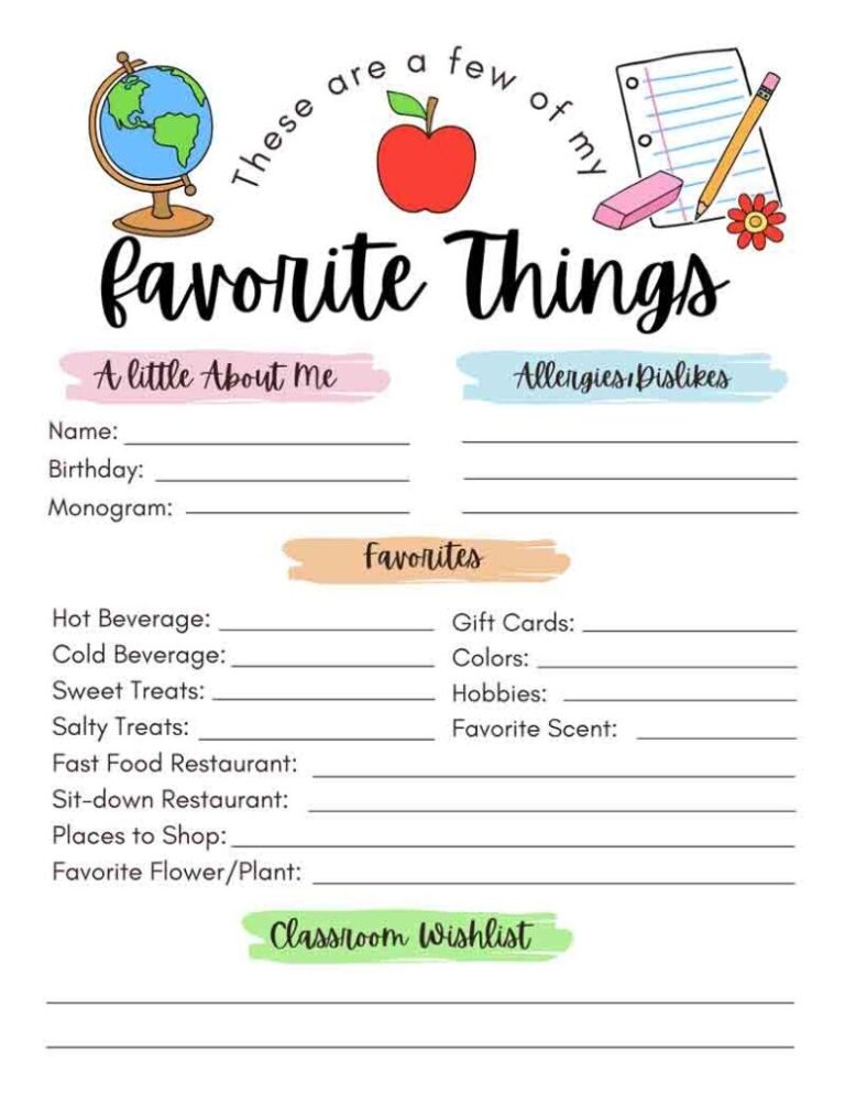 FREE Printable Teacher Favorite Things Mindy Makes