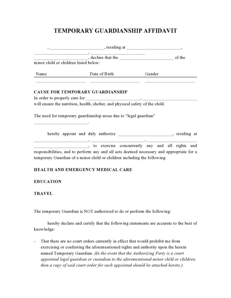 Free Printable Temporary Guardianship Form