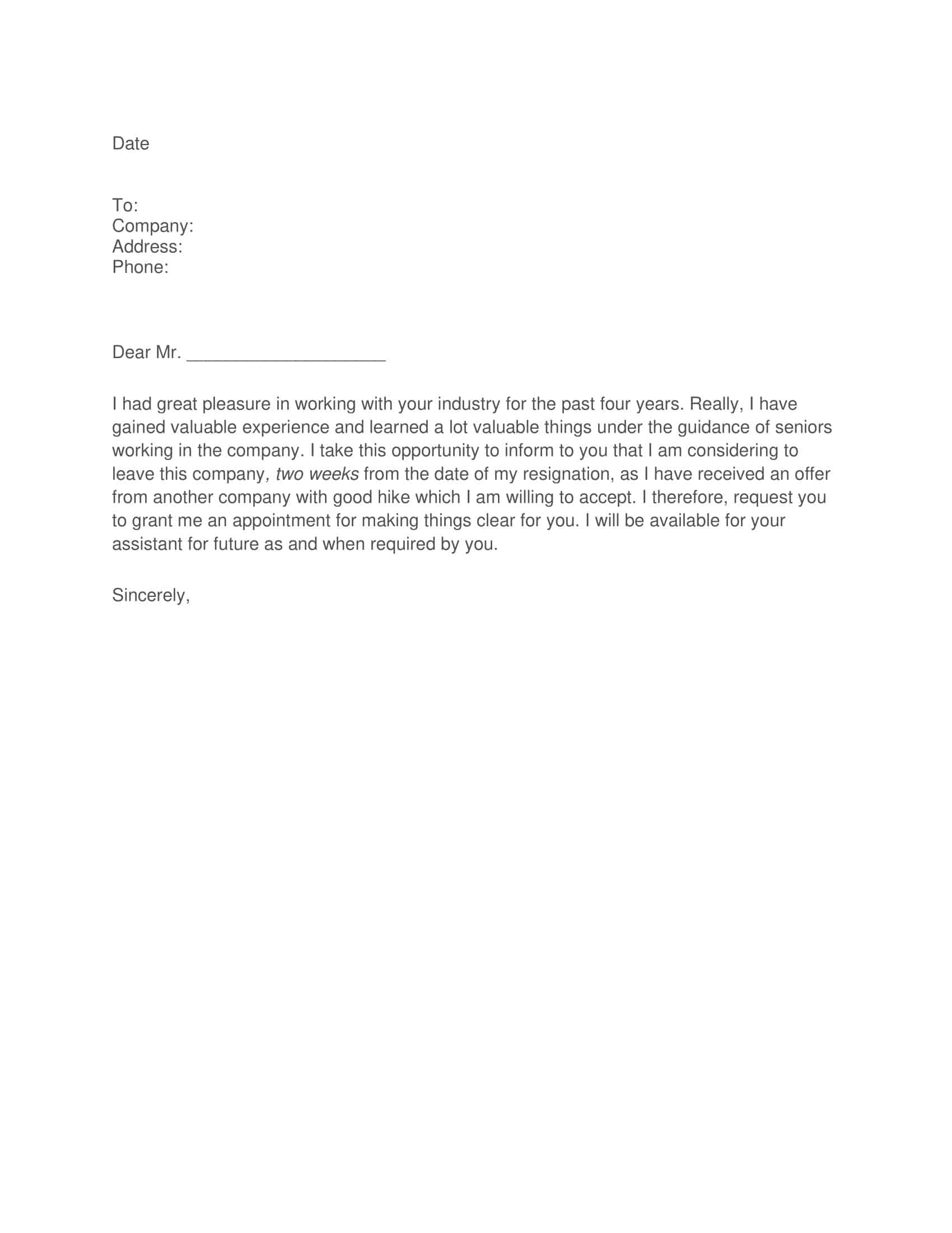 Free Printable Two Weeks Notice Letter Templates Word PDF 