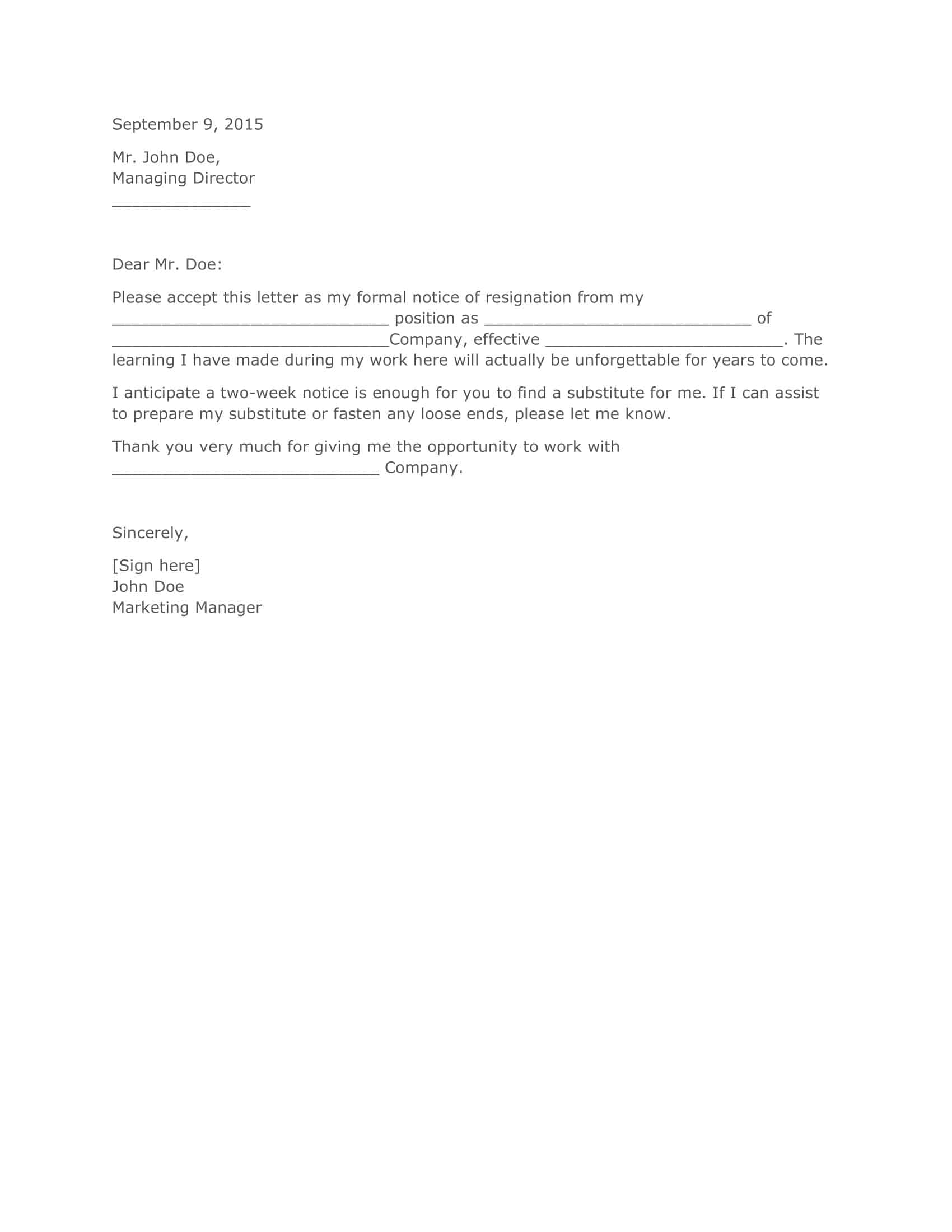 Free Printable Two Weeks Notice Letter Templates Word PDF 