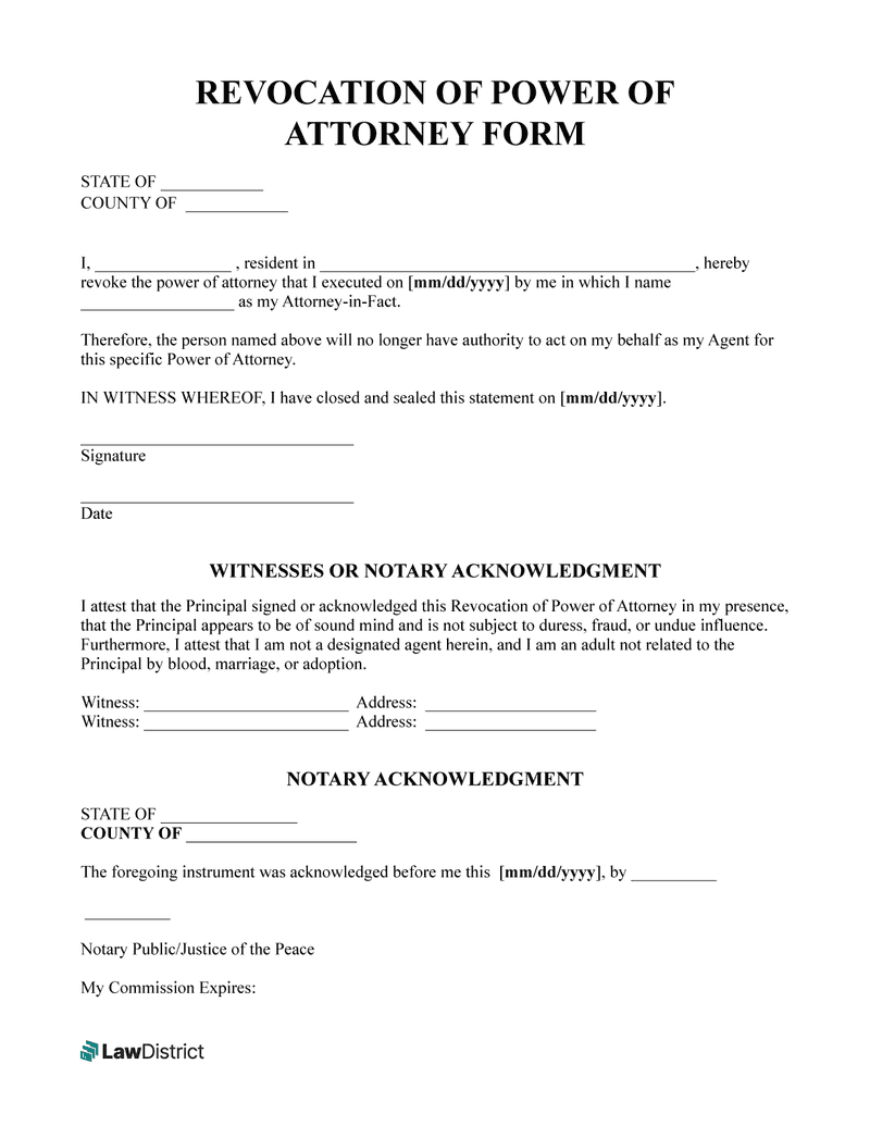 Free Revocation Of Power Of Attorney Form Printable PDF LawDistrict