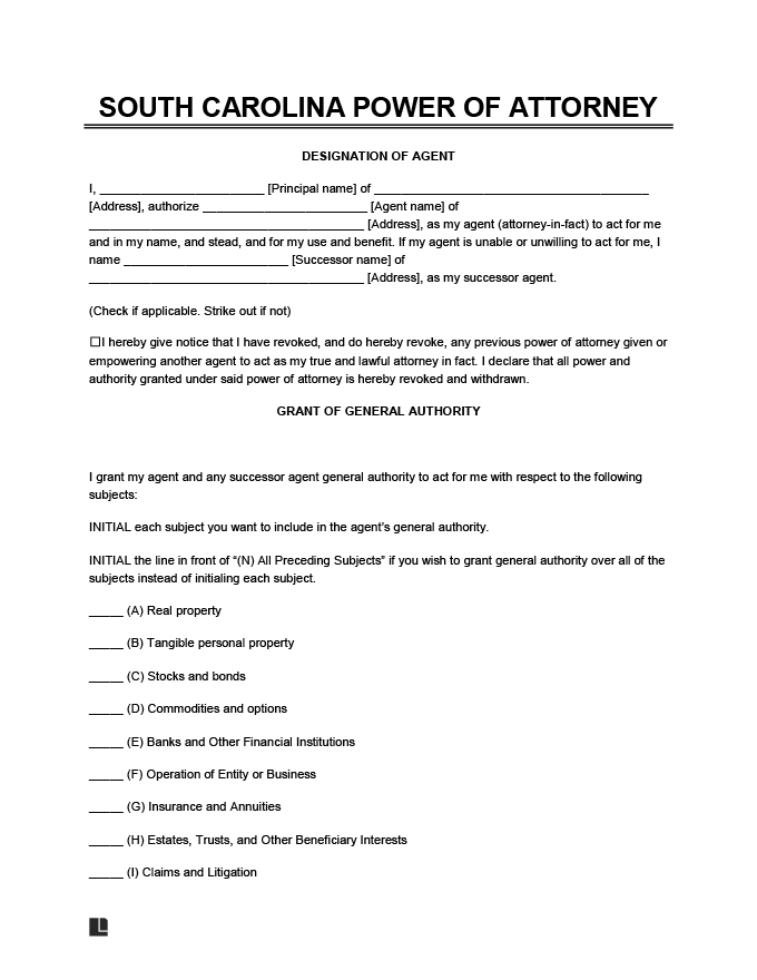 Free South Carolina Power Of Attorney Forms PDF Word Downloads