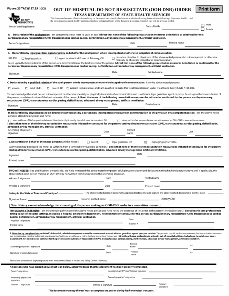 Free Texas Do Not Resuscitate DNR Order Form PDF EForms